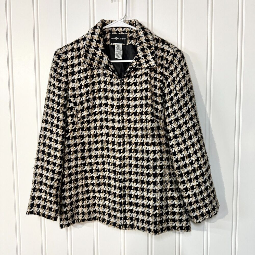 VTG SAG HARBOR Jacket Women Size 12 Full Zip Plaid Knit Collared Black Full Line
